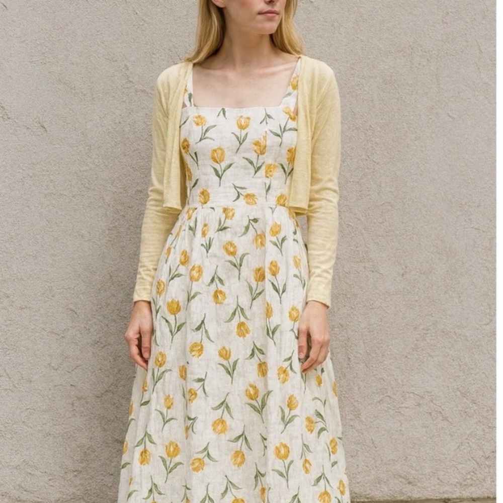 Joie Yellow Tulip Midi Dress with Square Neck